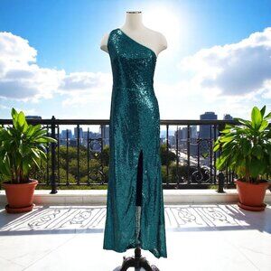 Teal Sequin One‎ Shoulder Slit Maxi Dress Formal Gown Prom Y2K Party Sexy